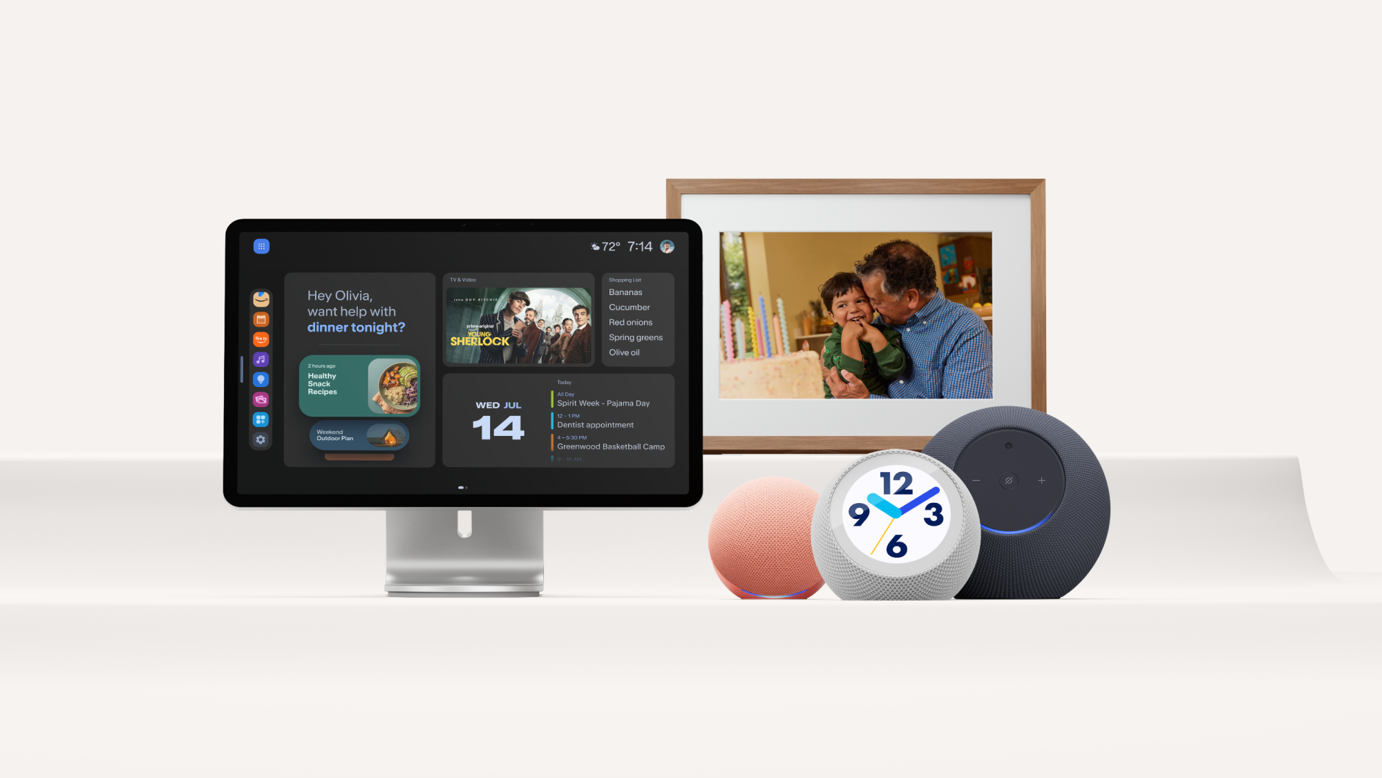 П’ять пристроїв Amazon Echo 2026: Echo Show 16, Alexa Photo Frame, Echo Time, Echo Studio та Echo Dot