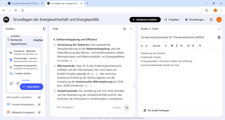 Приклад робочого простору NotebookLM із джерелами, чатом і нотатками