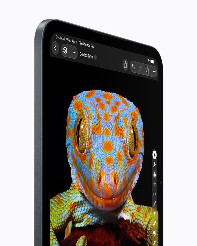 Крупний план OLED-дисплея нового iPad mini з кольоровим зображенням гекона