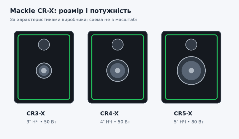 Схематичне порівняння Mackie CR3-X, CR4-X та CR5-X за діаметром НЧ-динаміка і потужністю