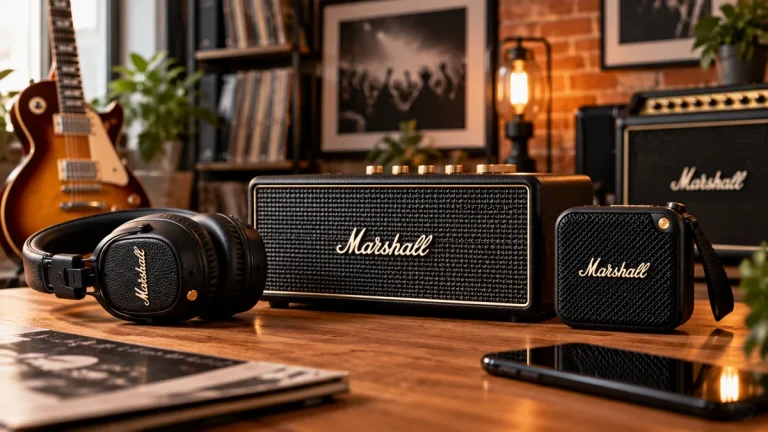 Навушники та портативні колонки Marshall на столі у музичній студії