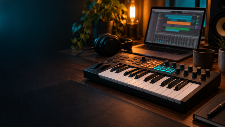 Ілюстрація: MIDI-клавіатура з клавішами та контролерами для домашньої студії