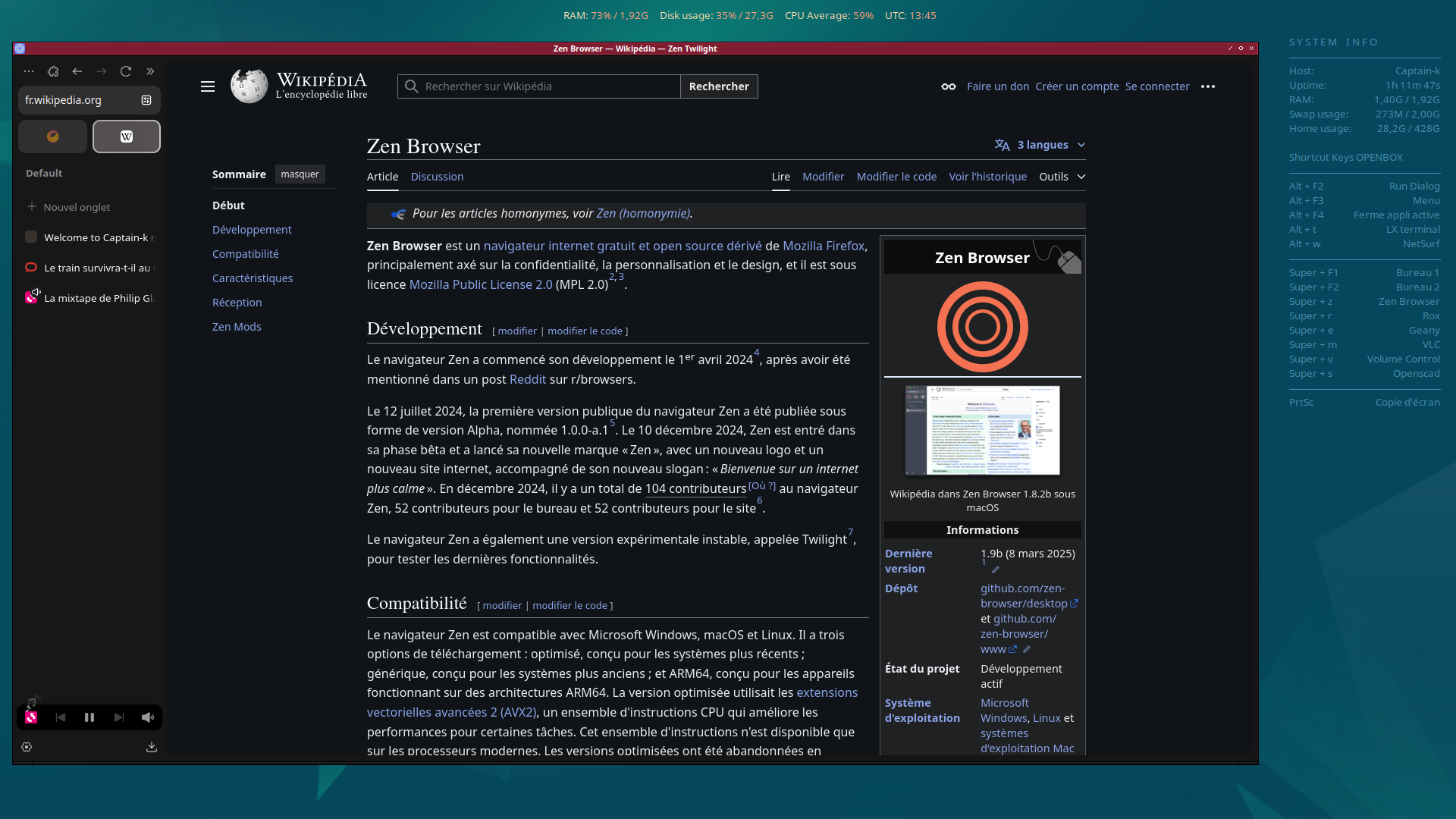 Zen Browser у Linux: вертикальні вкладки ліворуч і відкрита сторінка Вікіпедії